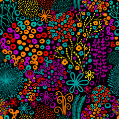 Seamless background from multicolored flowers and butterflies. Beautiful pattern of small beautiful flowers and twigs . Vector illustration