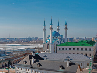 Fototapeta na wymiar Kazan Kremlin, view of Kul Sharif Mosque.. Magical view from the Spasskaya Tower of the Kremlin. 