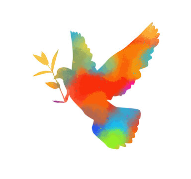 Vector colorful silhouette of a flying dove with branch on a white background.
