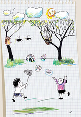 Children playing in the spring park 1
Ink and crayon sketch and digital cutting in the appliqué style on a notebook squared sheet