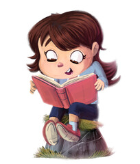 illustration of little girl reading a book sitting on a rock - 499449699