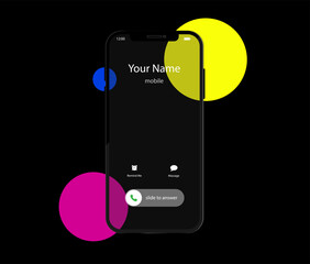 Phone screen and app. Smartphone and call interface. Call display. Phone illustration, incoming call. Vector