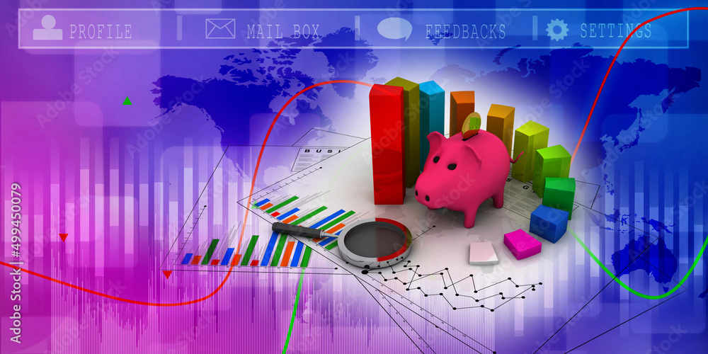 Poster 3d rendering pig coin bank with business graph
