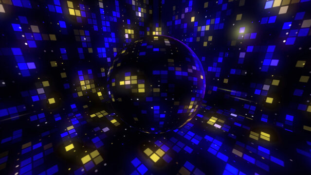 Abstract slowly spinning disco ball reflecting colorful squares. Motion. Mosaic pattern with abstract disco lights at the night club.