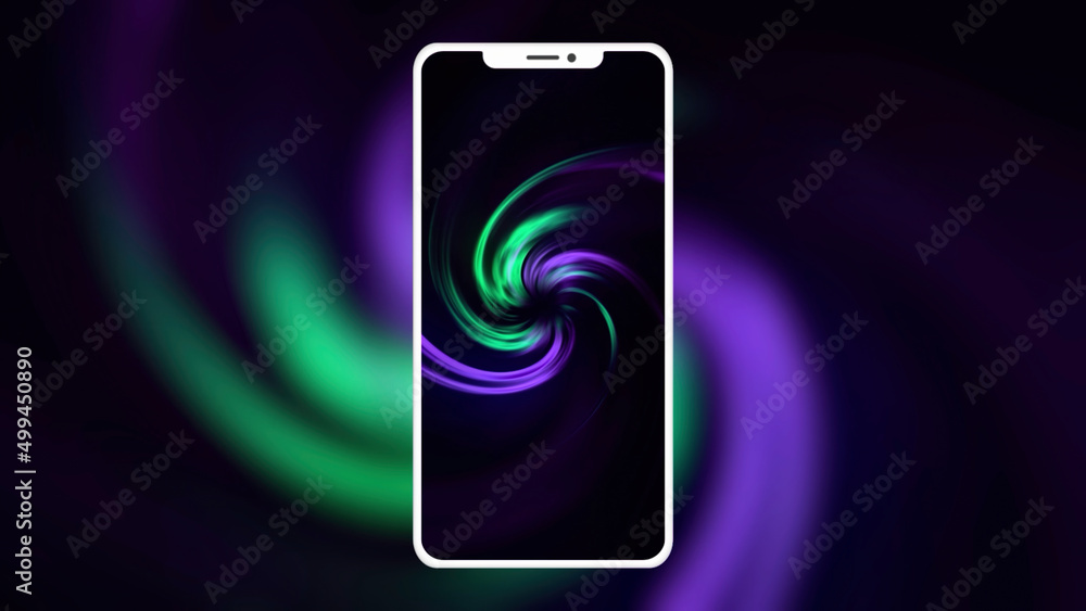 Poster abstract silhouette of a new new smartphone with blurred animation behind it on black background. mo