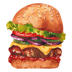 Watercolor burger. Classic American cheeseburger