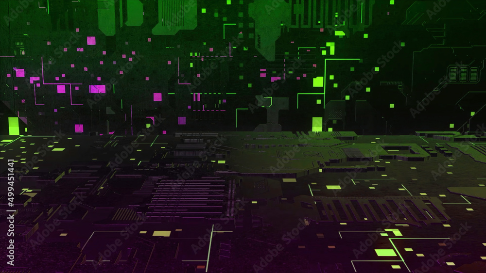 Poster flying inside cyberspace with beautiful abstract digital particles. motion. fast electrons moving in
