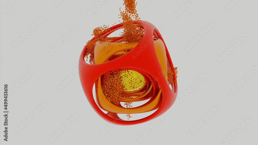 Aufkleber abstract red and yellow cube with smoothed angles and orange particles. design. unusual geometric fi