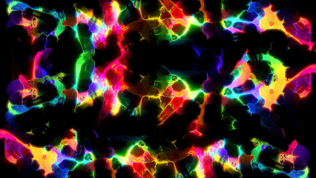 Abstract kaleidoscopic pattern with changing colorful stains, seamless loop. Design. Rainbow colors twisting on black background.