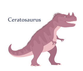Scary ceratosaurus. Ancient lizard. Predatory dinosaur hunter of the Jurassic period. Vector cartoon illustration isolated on a white background