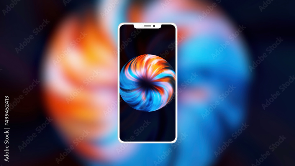 Poster abstract silhouette of a new new smartphone with blurred animation behind it on black background. mo