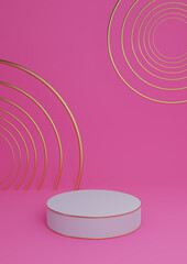 Bright magenta, neon pink 3D rendering minimal product display luxury cylinder podium or product background abstract composition with golden lines and circles