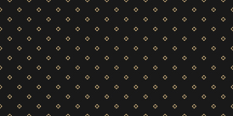 Simple golden floral pattern. Vector minimalist seamless texture with small flower shapes. Abstract minimal geometric gold and black background. Dark luxury repeat design for decor, wallpaper, print