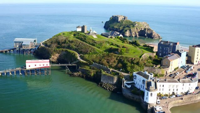 Aerial drone 4k footage of Tenby bay based in south wales uk, stunning sea landscape view from above