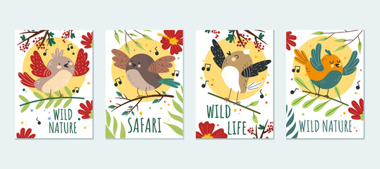 Fototapeta premium Forest birds greeting cards flyers poster concept. Vector flat cartoon design element illustration