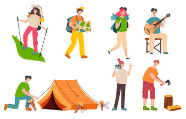 Obraz premium Camping people man woman isolated set collection. Vector flat cartoon design element illustration