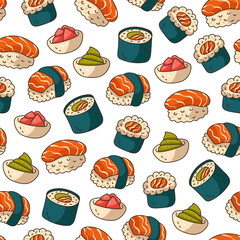 Sushi seamless pattern. Vector flat cartoon design element illustration
