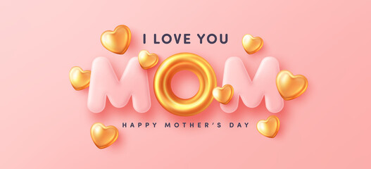 Mother's Day postcard with MOM word and golden cute heart on pink background.Poster or banner template for Love Mom and Mother's day concept.Vector illustration eps 10