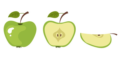 Whole and slice apple simple set design element. Vector flat cartoon design element illustration