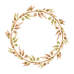 Watercolor frame of leaves and branches isolated on white background. Autumn illustration for greeting cards, wedding invitations.
