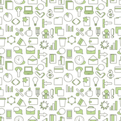 Business strategy wallpaper. Black and white marketing seamless pattern. Tiling textures with thin line web icons set. Vector illustration. Abstract background for mobile app, website, presentation.