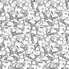 Naklejka premium Funy space seamless pattern with rocket, moon, planets and stars isolated on white background. Childish sketch style vector illustration. Seamless pattern with cosmic elements.