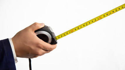 hands with tape measure on white background