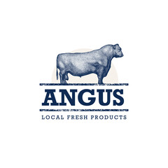 Black Angus Cow Engraving Illustration. Fresh Local Farm Food Design Element. Ranch Bull Vector Sign  - obrazy, fototapety, plakaty