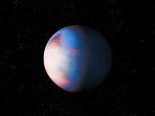 Realistic exoplanet in space with stars, distant planet with atmosphere, cosmic background.