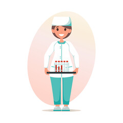 Nurse holds medical test tubes with blood, tests. Woman carries medical equipment. Medical worker, specialist. Vector illustration 