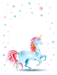 Fototapete Cute poster with Unicorn and stars. Cartoon character. Vector illustration. Design element for childish accessories. Greeting card, print, emblem, label, book cover, mascot. Empty space for your text © Mariia