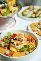 Assorted view of dinner table with delicious food set  for two, seafood,Salmon with broccoli, salad, club sandwich, salad with quinoa, tartar from beef