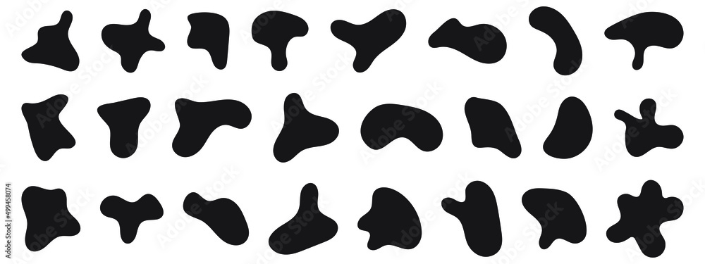 Poster black abstract shapes, organic blobs and blotch of irregular shape. inkblot silhouettes, simple liqu