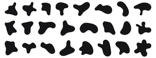 Black abstract shapes, organic blobs and blotch of irregular shape. Inkblot silhouettes, simple liquid splodge elements. Big vector set.