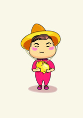 Cartoon image of a boy wearing pink clothes and a sombrero hat, holding a yellow piggy bank on a light-coloured background.
