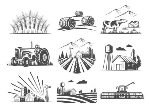 Set of farm market elements isolated on white background. Village and landscape agriculture images. Vector illustration