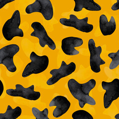 Cow spots watercolor abstract on yellow seamless pattern. Template for decorating designs and illustrations.