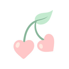 Cherry Hearts on a twig with a leaf. Vector hand drawn illustration isolated on a white background.