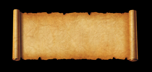 Old paper horizontal banner. Parchment scroll isolated on black