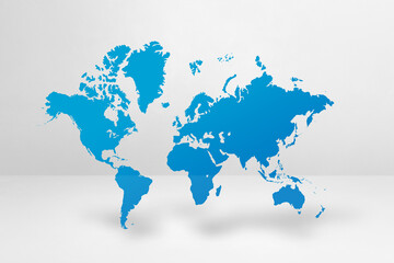 Blue world map on white wall background. 3D illustration