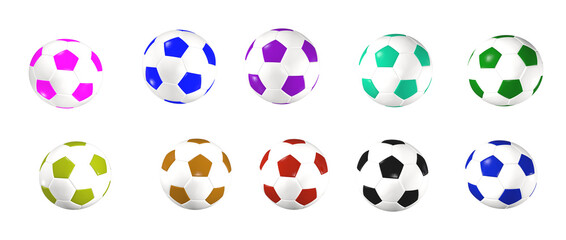 set of football balls on an isolated white background, multi colored soccer balls for the designer....