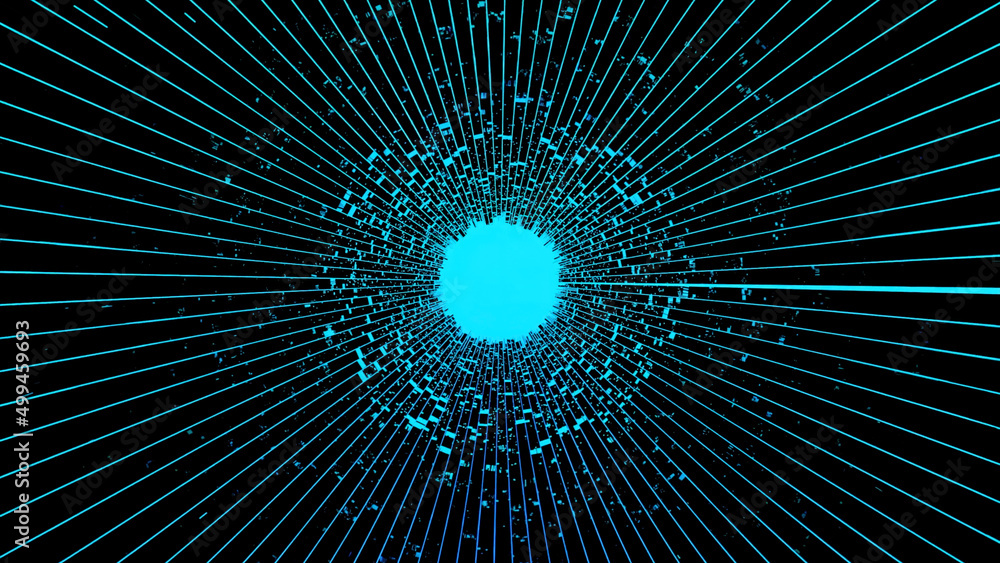 Poster moving inside an abstract digital corridor towards blue glowing core. design. spinning tunnel with r
