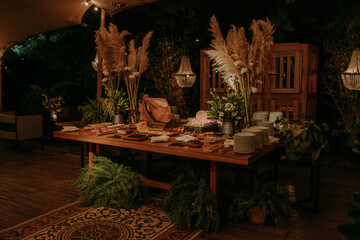 catering service table full of food. Concept of holiday event like wedding or anniversary....