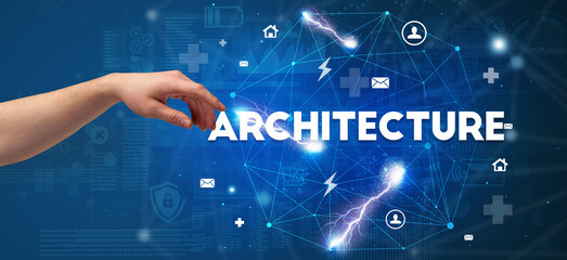 Hand pointing at inscription concept