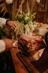 Close up of catering service table full of food. Concept of holiday event like wedding or anniversary. Restaurant self service and buffet with delicious