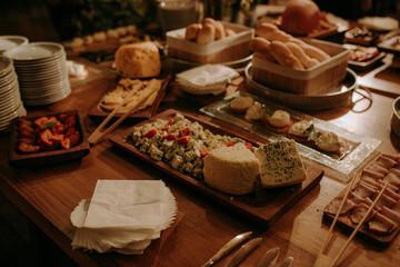 Close up of catering service table full of food. Concept of holiday event like wedding or anniversary. Restaurant self service and buffet with delicious