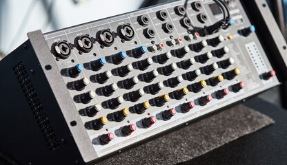 Audio sound mixer amplifier equipment, acoustic musical mixing engineering concept. Sound...