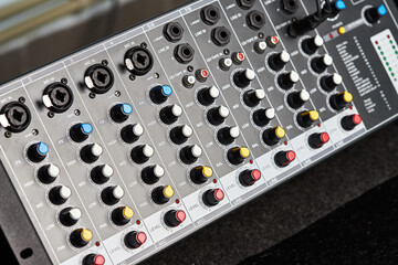 Audio sound mixer amplifier equipment, acoustic musical mixing engineering concept. Sound...