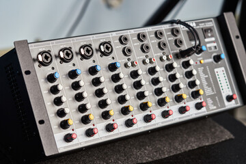 Audio sound mixer amplifier equipment, acoustic musical mixing engineering concept. Sound...