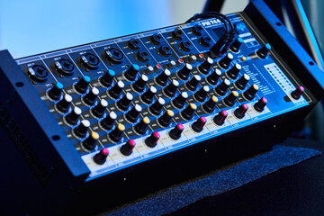 Audio sound mixer amplifier equipment, acoustic musical mixing engineering concept. Sound...